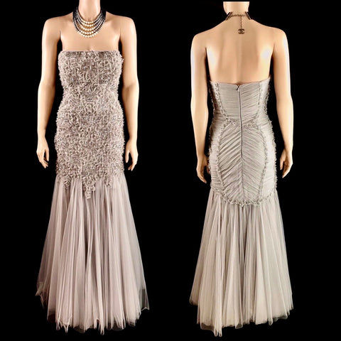 Tony Ward Crystal Ruched Bodice Tulle Gown in Grey Mist Size 36 jewelsunderthesea 