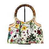 GUCCI White Floral Satchel Bag Bamboo Handles jewelsunderthesea