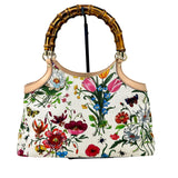 GUCCI White Floral Satchel Bag Bamboo Handles jewelsunderthesea