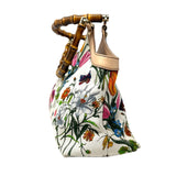 GUCCI White Floral Satchel Bag Bamboo Handles jewelsunderthesea