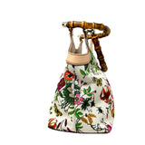 GUCCI White Floral Satchel Bag Bamboo Handles jewelsunderthesea