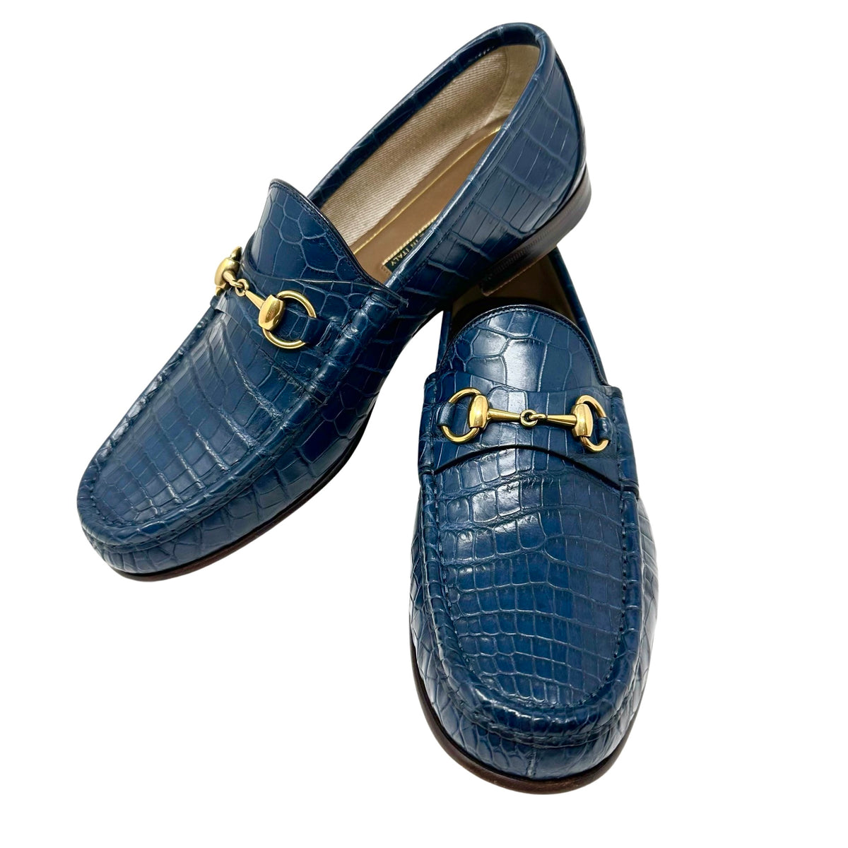 GUCCI Navy Crocodile Mens Loafer Dress Shoes Gold Horsebit 9 –  Jewelsunderthesea