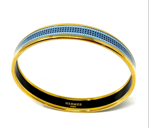 Hermès Narrow Gold Blue Dots Squares Enamel Bangle 70 Jewelsunderthesea 