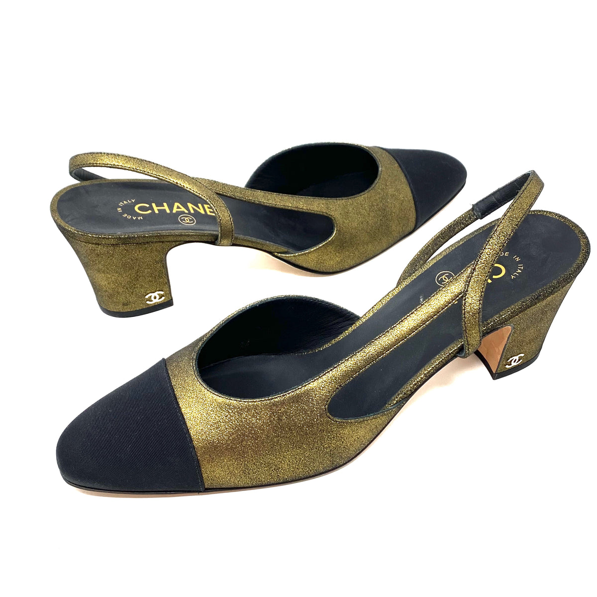 CHANEL Slingbacks Gold Metallic Leather Grosgrain G31318