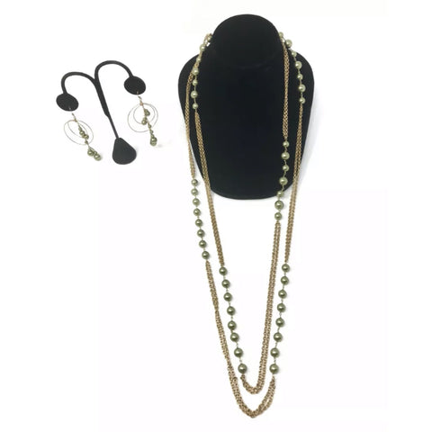 Vintage Sogoli Green Glass Pearls Multi-Strand Necklace Earring Set- Jewelsunderthesea