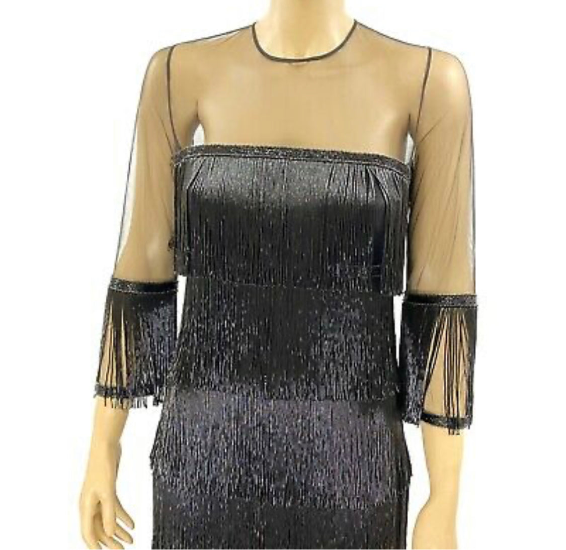 Naeem Khan Black Fringed Beaded Party Dress Size S/M  Jewelsunderthesea