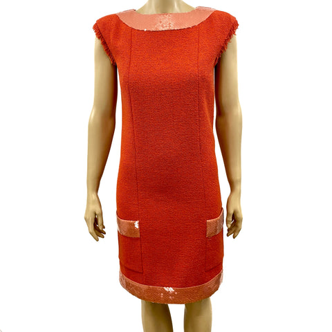CHANEL 08C Resort Orange Tweed Sequin Fringe Sleeveless Dress Size 6/8