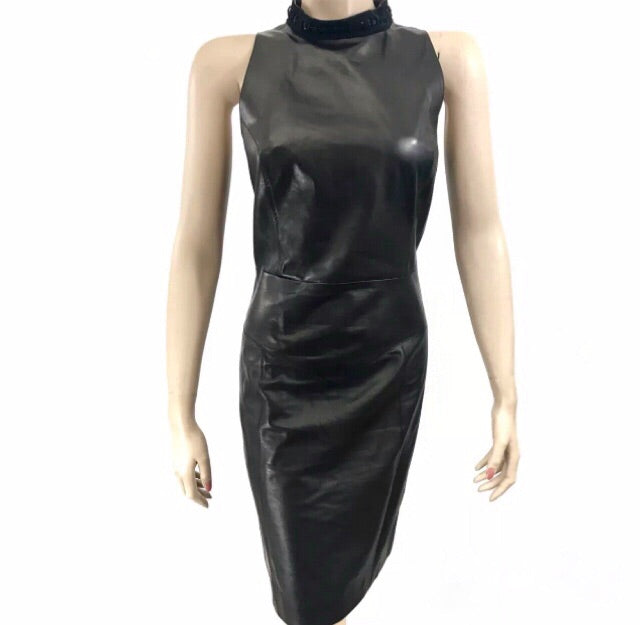 Chanel Black Lambskin Leather Halter Dress Tweed Trim 08P Size US12