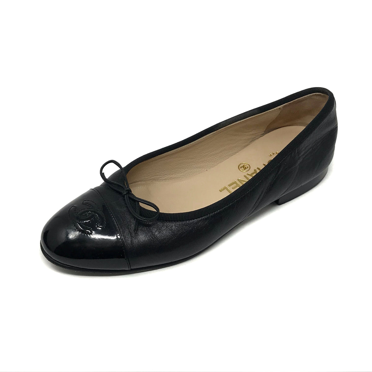 Chanel Black Leather Patent Cap Toe Ballerina Ballet Flats ...