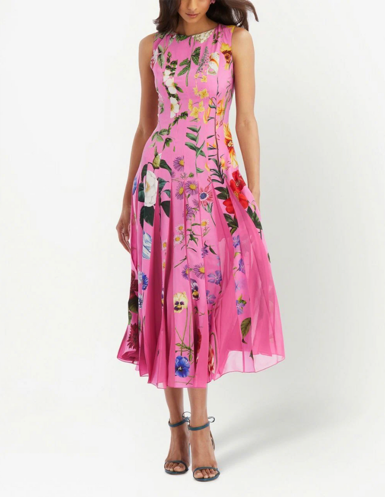 OSCAR DE LA RENTA Pink Floral Print Inset Midi Dress Sleeveless Dress Jewelsunderthesea OSCAR DE LA RENTA Pink Floral Print Inset Midi Dress Sleeveless Dress Jewelsunderthesea