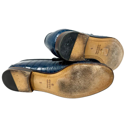 GUCCI Navy Crocodile Mens Loafer Dress Shoes Gold Horsebit 9 – Jewelsunderthesea