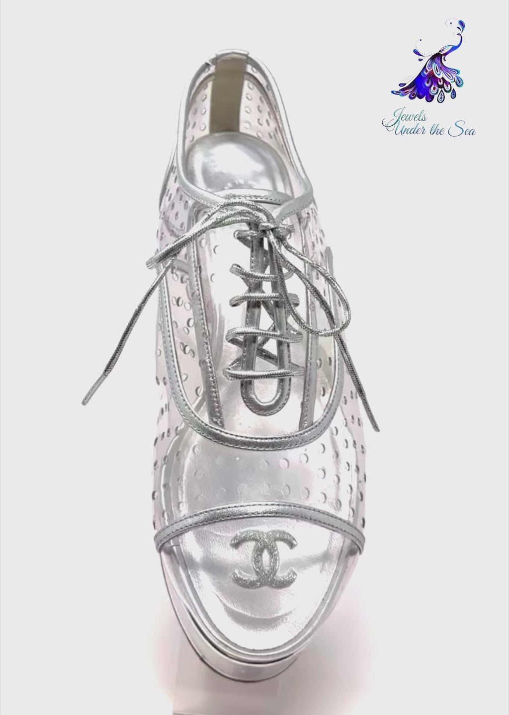 Chanel Silver Transparent Calfskin PVC Cap Toe Lace Up Platform Heels 38.5 | 8 jewelsunderthesea 
