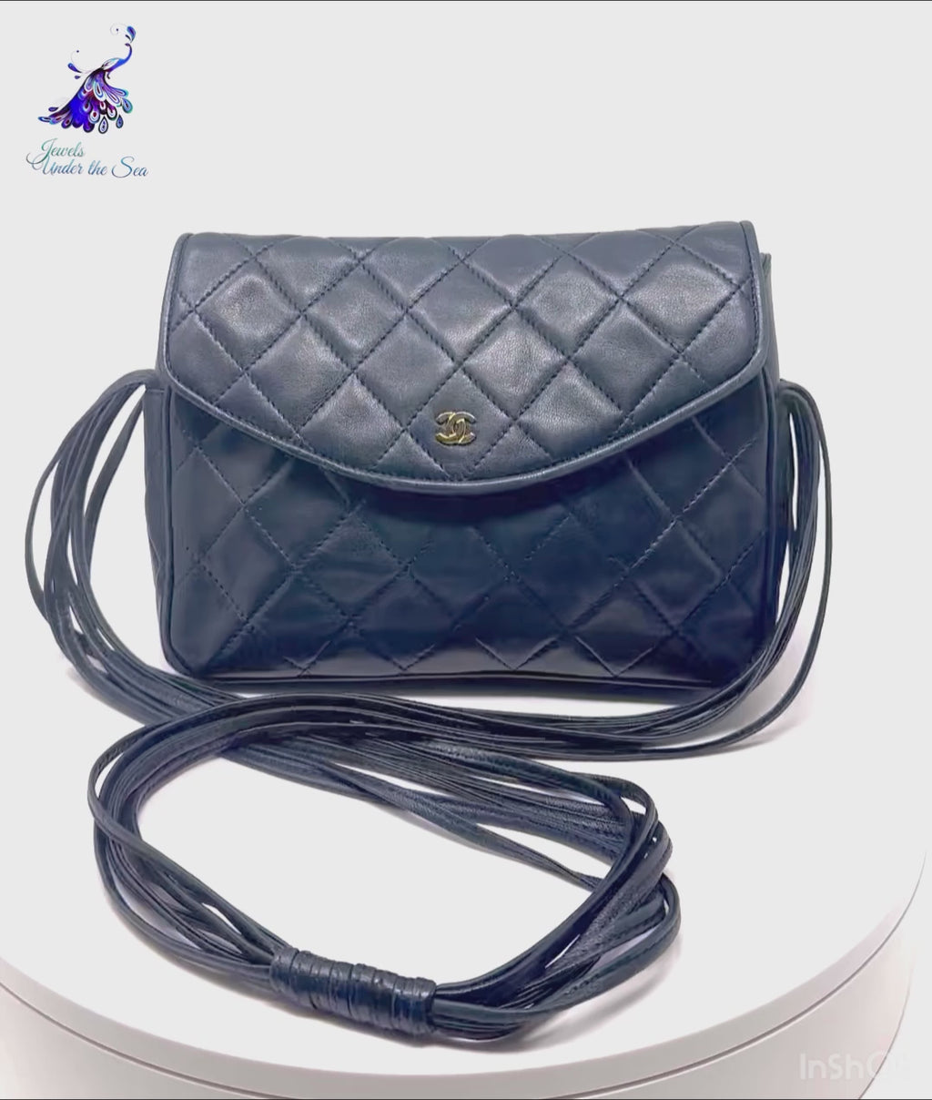 CHANEL Navy Vintage Quilted Flap Bag Multi Strand Shoulder Strap 70's jewelsunderthesea 