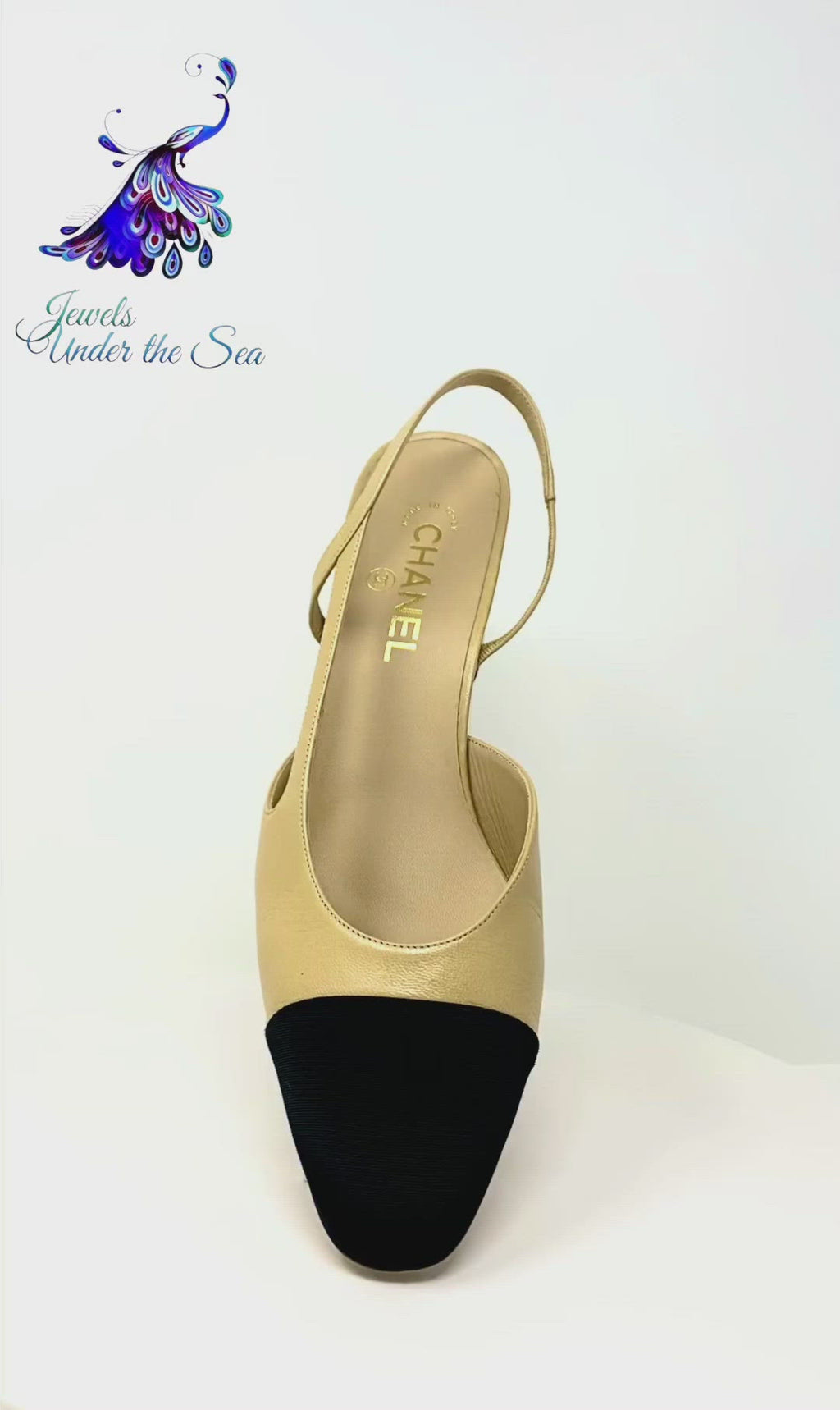 PAIR OF BEIGE LEATHER AND BLACK GROSGRAIN SLINGBACK