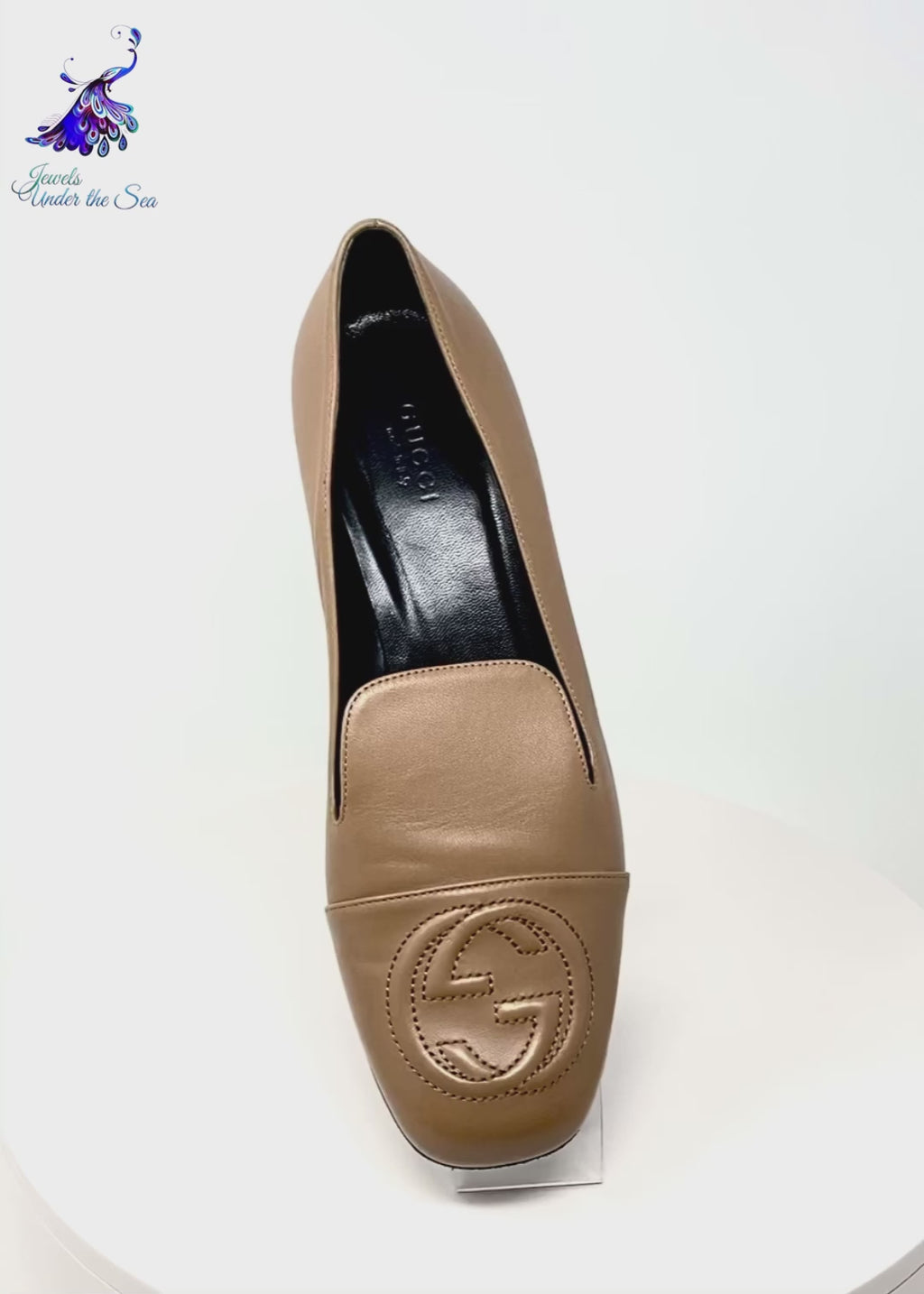 GUCCI 391973 Tan Leather Logo Loafers Flats Gold Heel Size 37 | 6.5  jewelsunderthesea 