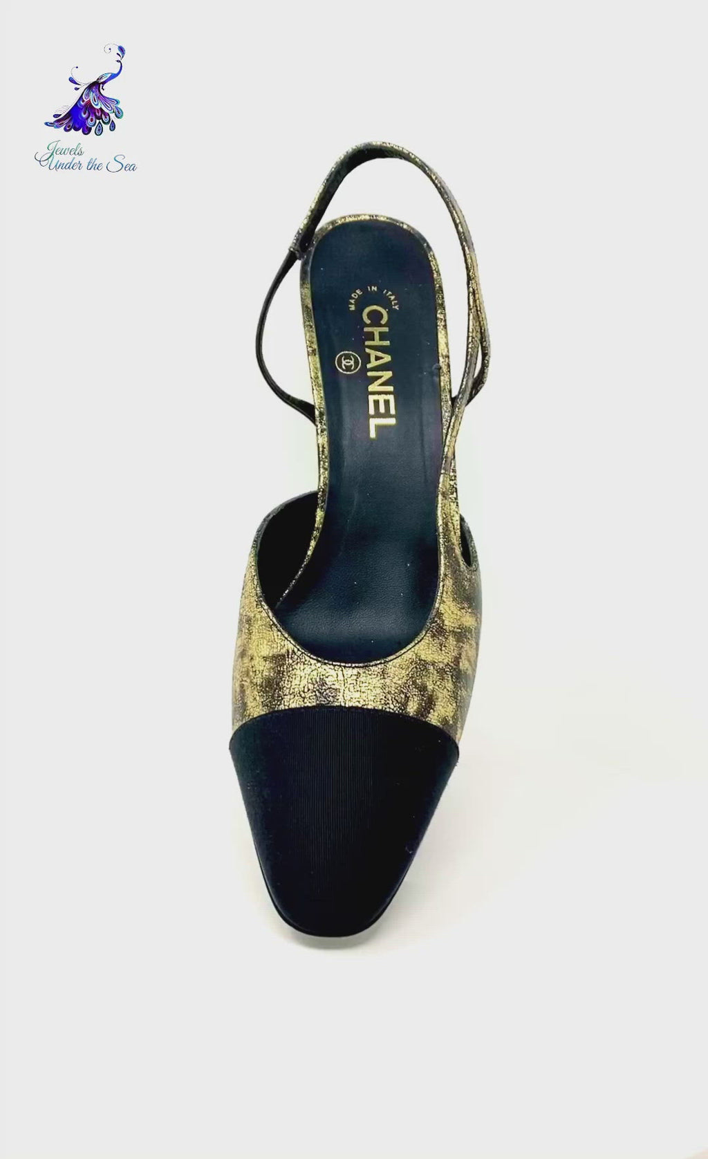 CHANEL Slingbacks Gold Print Metallic Leather, Grosgrain G31318 Size 42 jewelsunderthesea 