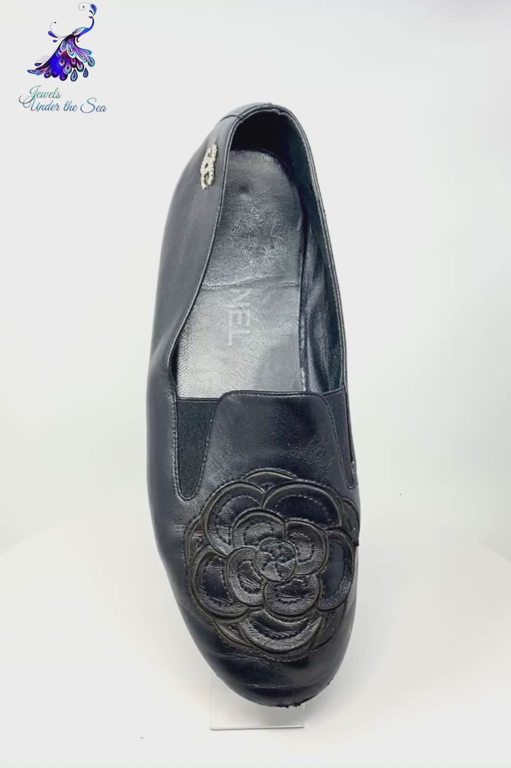 CHANEL Black Leather Camellia Moccasin Loafers Size 38