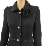 Blumarine Black Knit Ruffle Jacket Crystal Flower Brooch 42 | 8 Jewelsunderthesea 