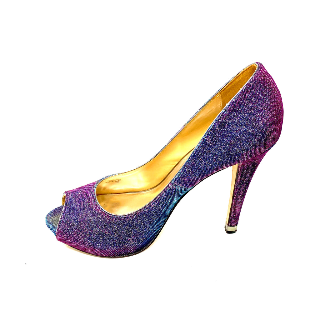 Badgley Mischka Iridescent Glitter Sparkle Peep Toe Platform Pumps