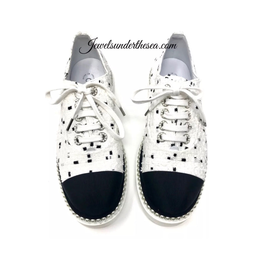 Chanel Sneakers Black White Tweed Crystal Pearl Trim Lace Up   Jewelsunderthesea