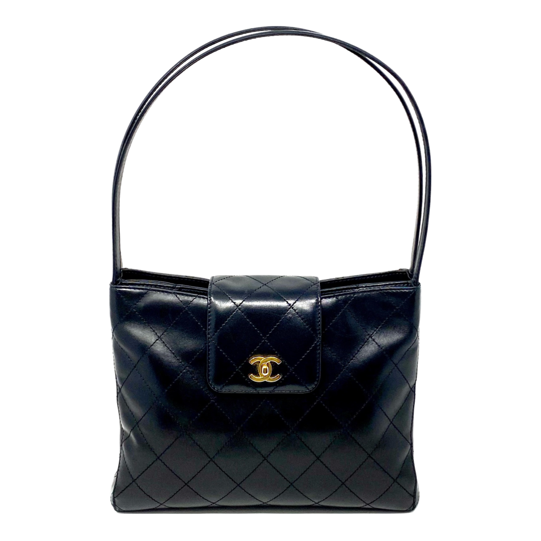 Chanel Vintage Black Lambskin Quilted Square Double Strap Shoulder Bag Tote  99P
