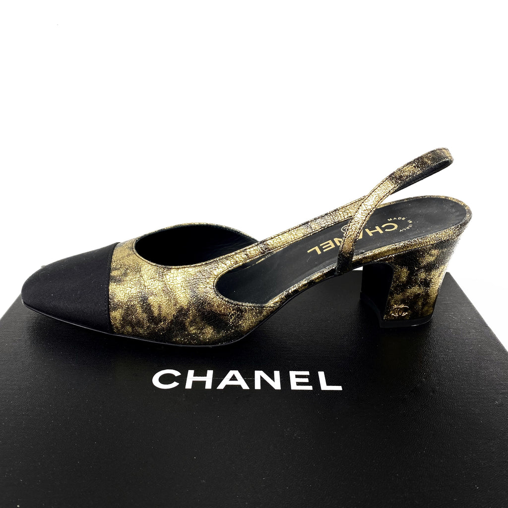 Chanel Gold Metallic Leather with Black Cap Toe Elastic Flats