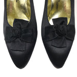 Chanel Satin Black Heels with Flower Trim- Jewelsunderthesea