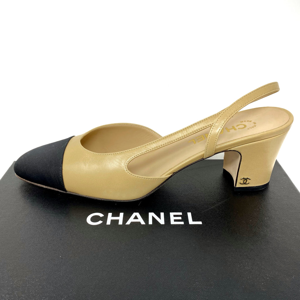Chanel Beige Goatskin & Grosgrain Cap Toe Slingback Flats Sandals