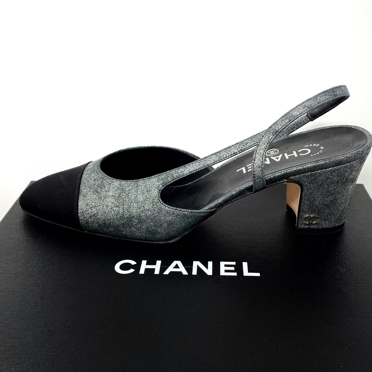 CHANEL Slingbacks Charcoal Metallic Leather Grosgrain G31318 Size