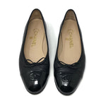 Chanel Black Leather Patent Cap Toe Ballerina Ballet Flats - Jewelsunderthesea