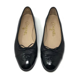 Chanel Black Leather Patent Cap Toe Ballerina Ballet Flats - Jewelsunderthesea