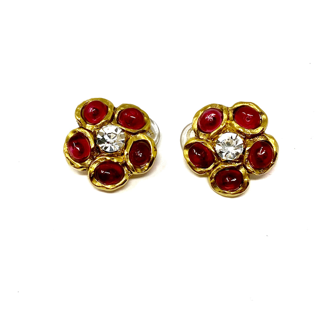 Chanel Gripoix Red Gold Flower Crystal Center Clip Earrings –  Jewelsunderthesea