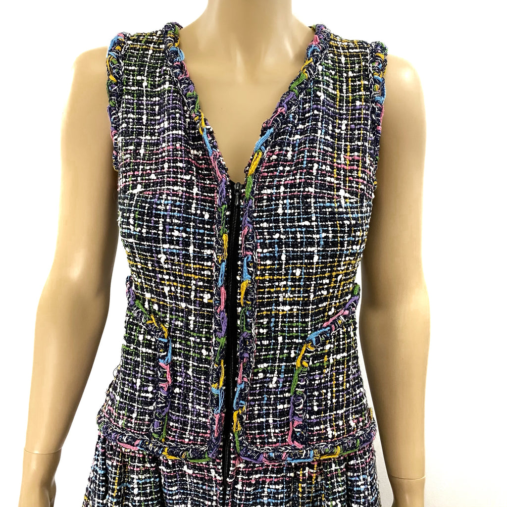 CHANEL Multi Color Silver Tweed Zipper Front Flare Dress Size 36