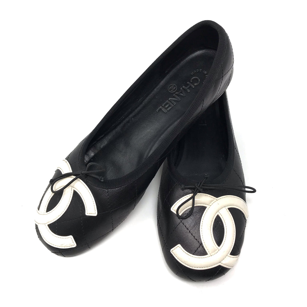 CHANEL SHOES QUILTED CAMBONCC FLATS BLACK LEATHER 36.5