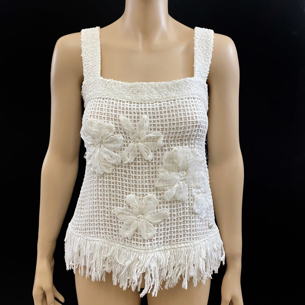 CHANEL White Tweed 3D Flower Appliqué Fringe Sleeveless Top Size