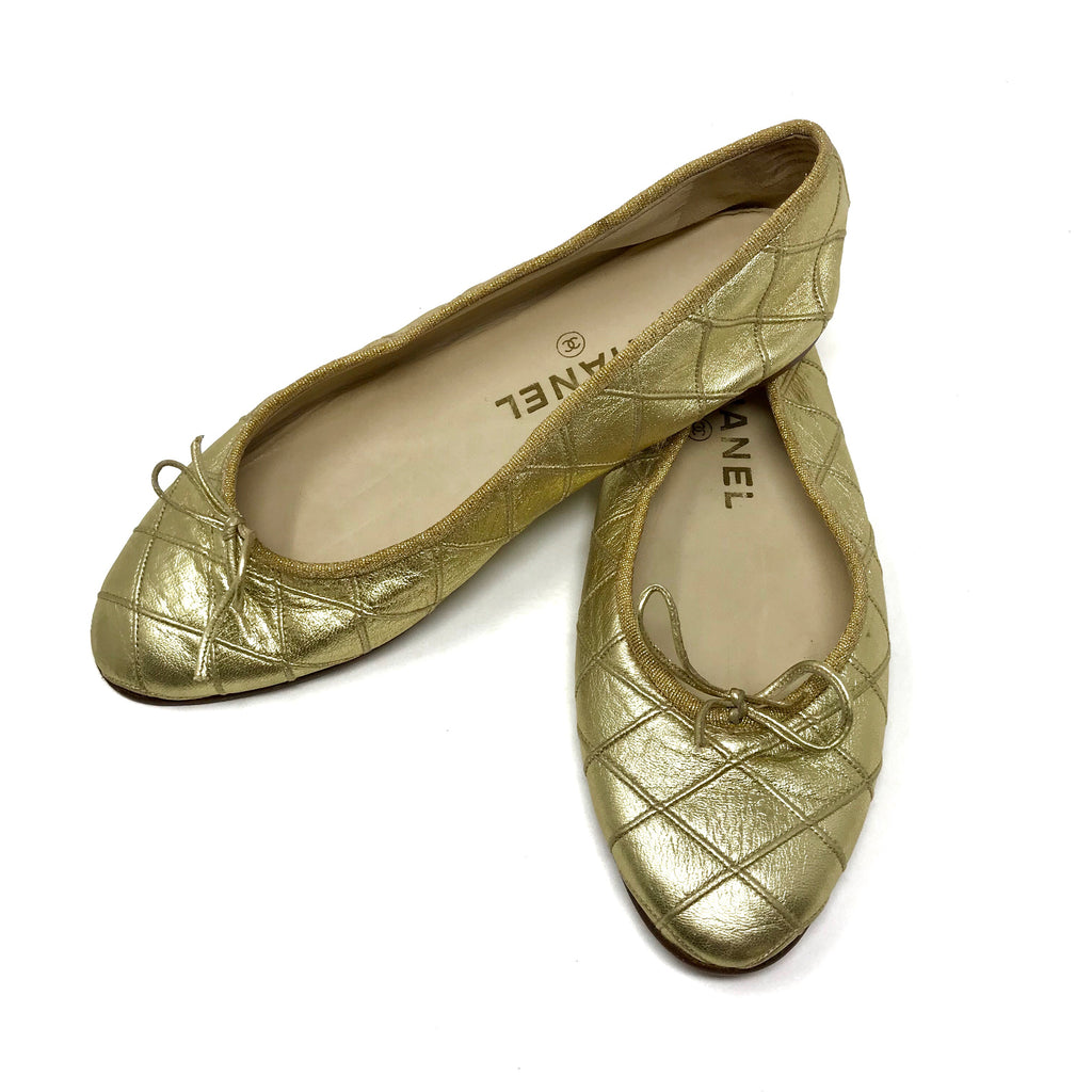 Chanel Gold Metallic Criss Cross Ballerina Ballet Flats Size 5.5