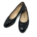 Chanel Black Leather Patent Cap Toe Ballerina Ballet Flats - Jewelsunderthesea