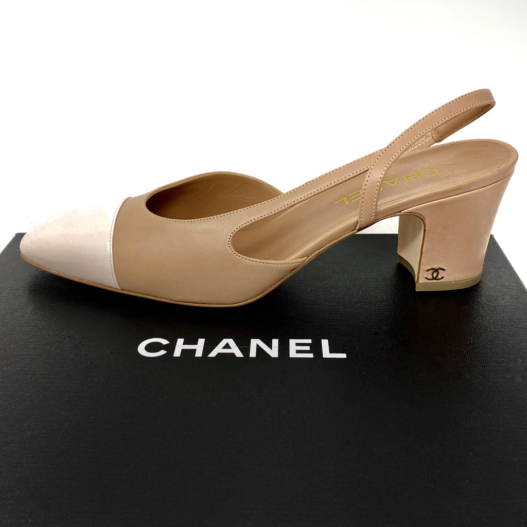 Chanel Beige and Black Cap Toe CC High Heel Mules - USA 9