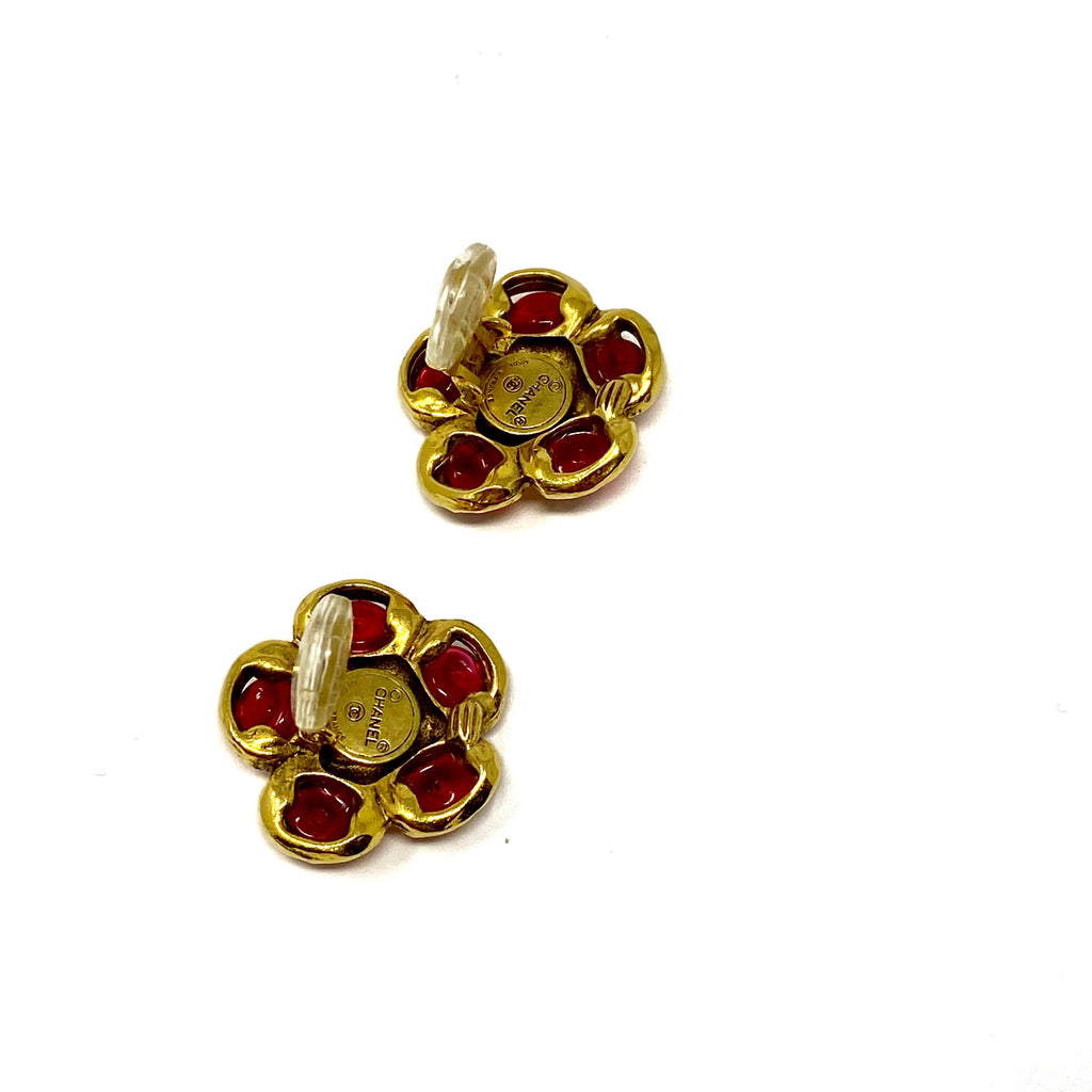 Chanel Gripoix Red Gold Clip Earrings Authentic 97 P Poured Glass Clover  Leaf
