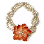 3 Strand White Ringed Freshwater Pearl Orange Flower Necklace- Jewelsunderthesea