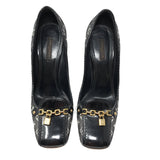 Louis Vuitton Black Canvas Logo Chain Lock Pumps Heels Size 38.5 | 8 Jewelsunderthesea 