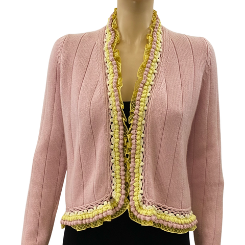 CHANEL 04C Pink Cashmere Cable Knit Crochet Jacket Size 42
