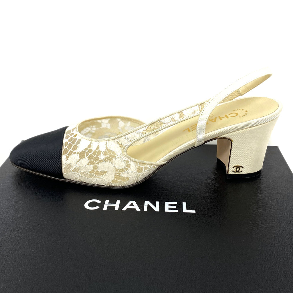 Chanel Sling Back WhiteBlack 375  Laulay Luxury