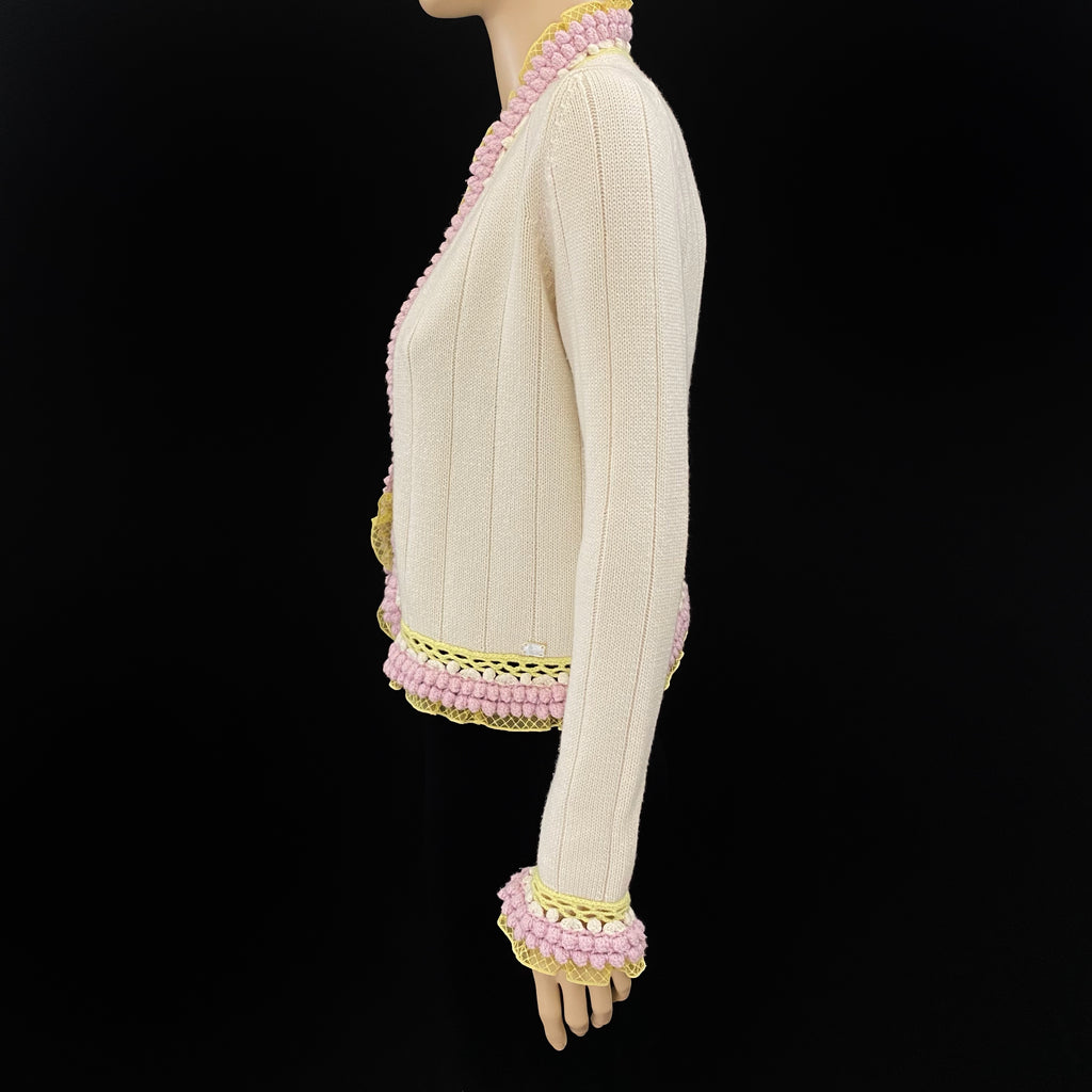 CHANEL 04C Off White Pink Yellow Crochet Trim Knit Jacket Size 40
