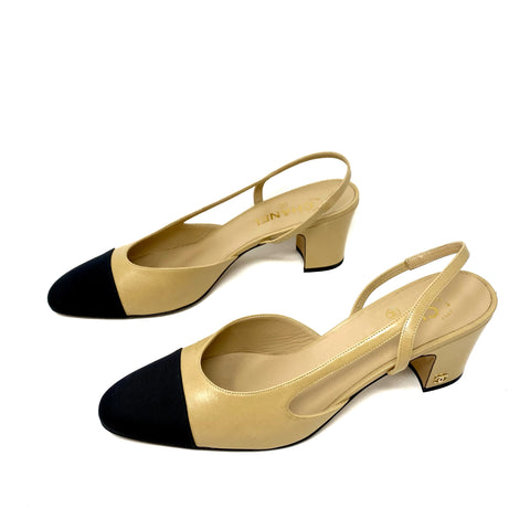 Chanel Two Tone Beige Black Slingback Heels W Round Cap Toe and CC Logo  Size 40 at 1stDibs  two tone slingback heels twotone slingback heels  chanel two tone shoes