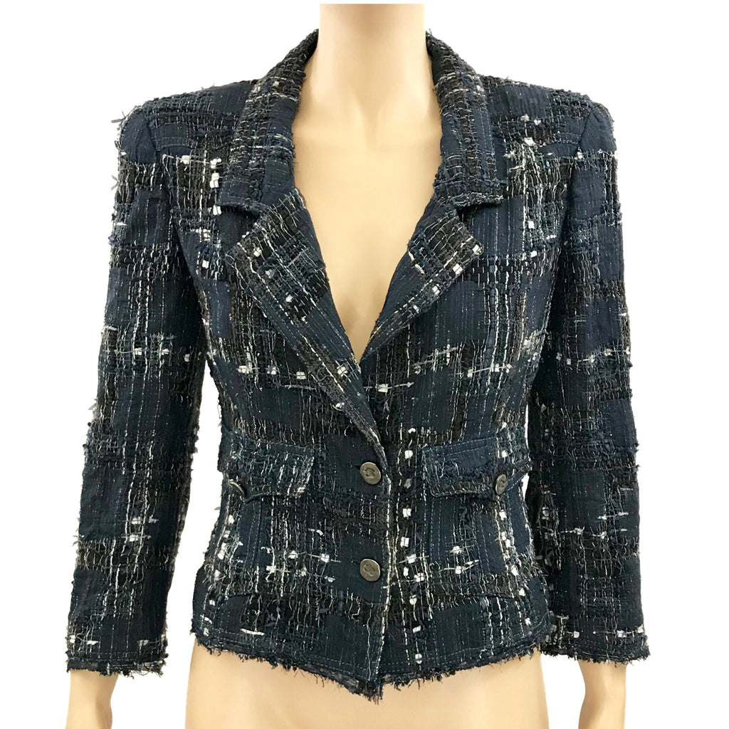 Women's Collarless Tweed Jacket in Navy | Size L | Abercrombie & Fitch