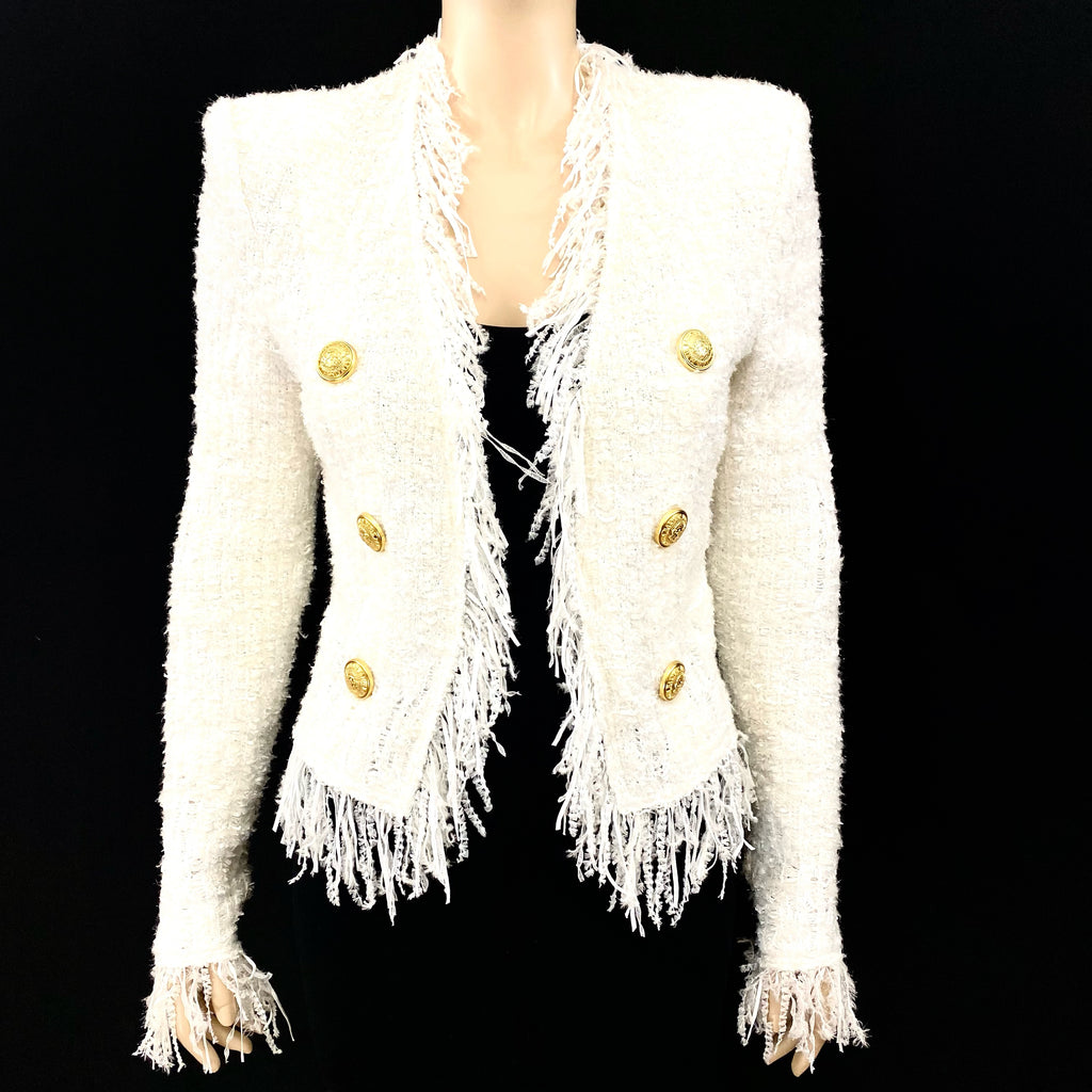 Balmain Double Breasted Fringed Tweed Blazer in White