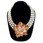 3 Strand White Ringed Freshwater Pearl Orange Flower Necklace- Jewelsunderthesea