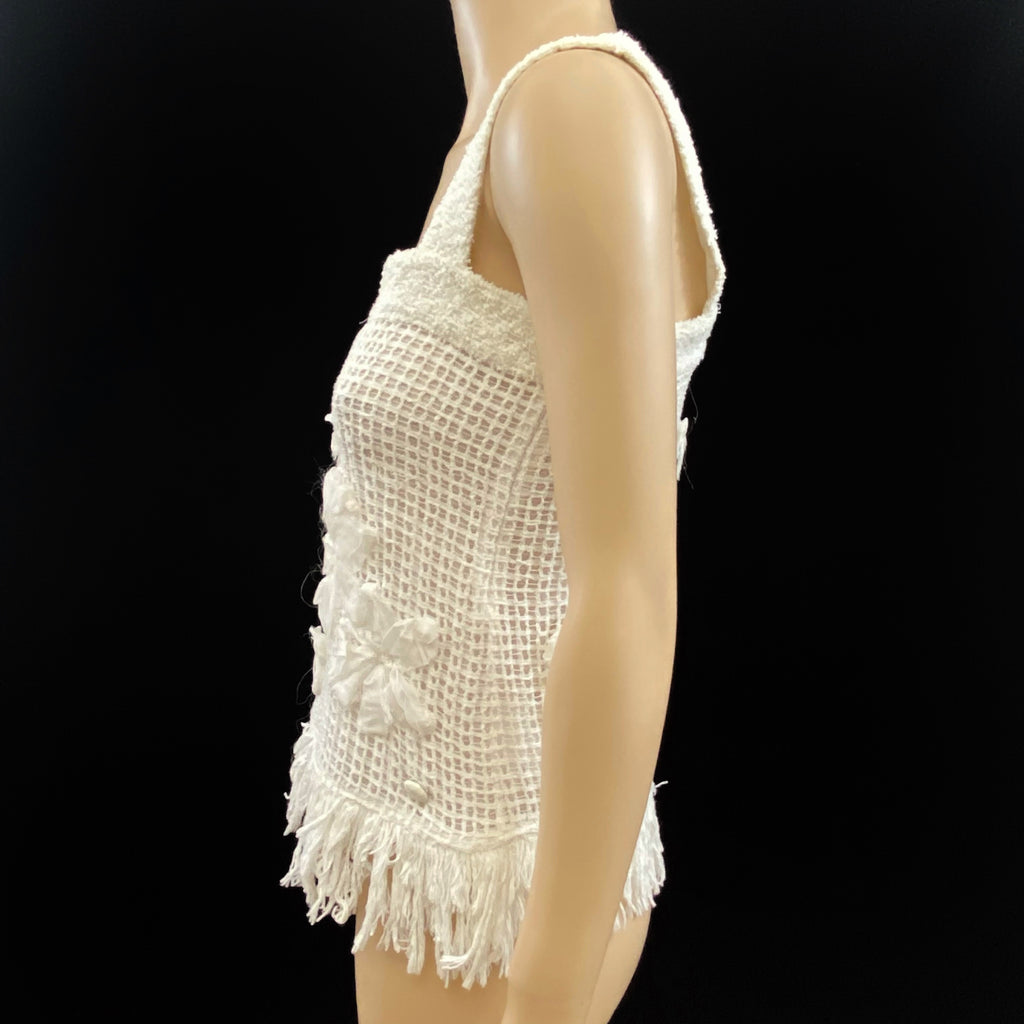 CHANEL White Tweed 3D Flower Appliqué Fringe Sleeveless Top Size 36
