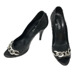 Chanel Black Python Silver Chain Peep Toe Heels Size 39.5 | 9 Jewelsunderthesea 